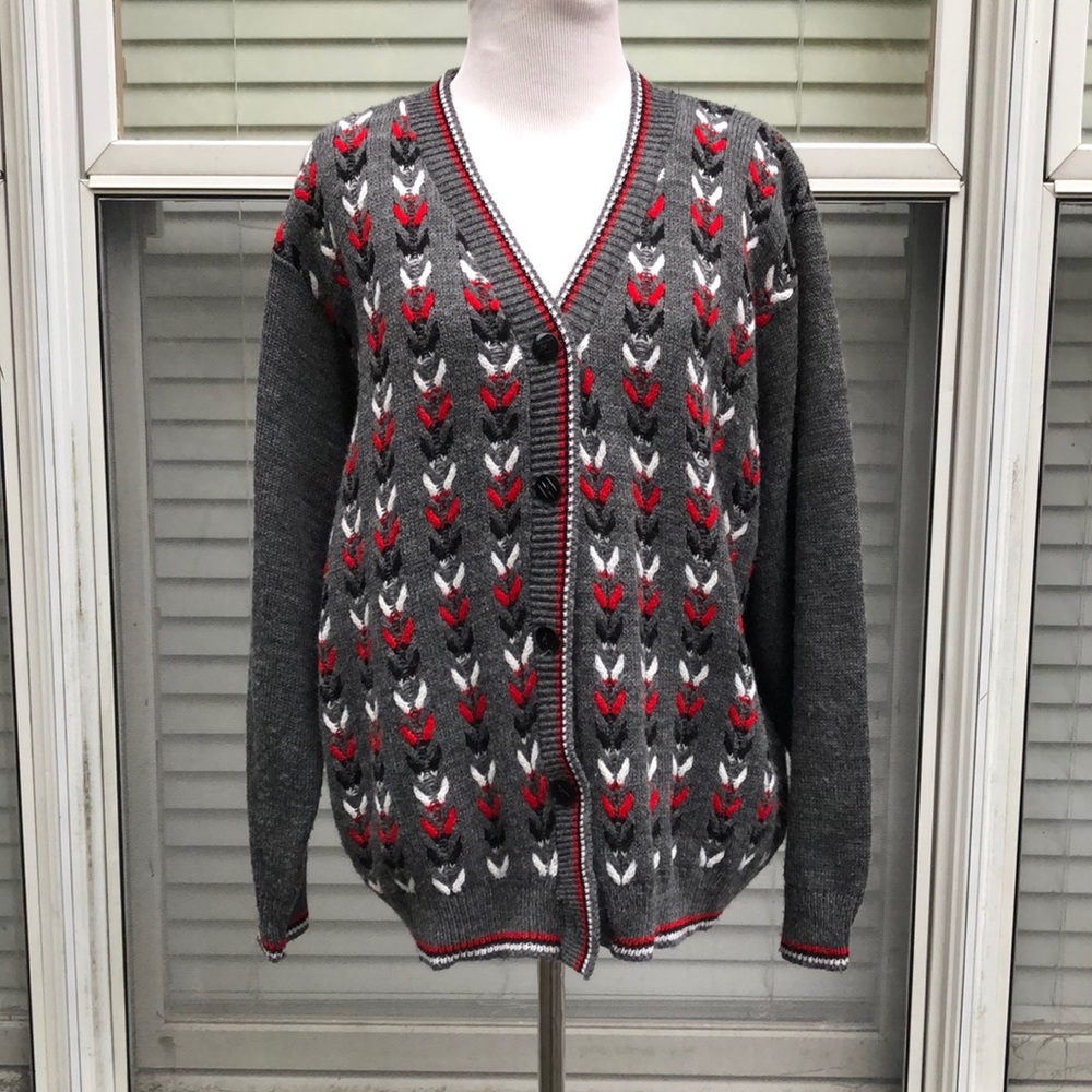 Amana Colonies Gray Red Black Grandma Chic Button Front Sweater size L/XL